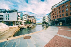 Typical Example Of Scandinavian Architecture. Exterior Building in Aker Brygge is a popular area for for shopping, dining, and entertainment in Oslo, Norway (Typical Example Of Scandinavian Architecture. Exterior Building in Aker Brygge is a popular a